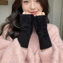 Mink Fleece Soft Winter Half Finger Gloves Women Warm Luxury Solid White Plush Knitted Fingerless Gloves Wrist Writting Mittens