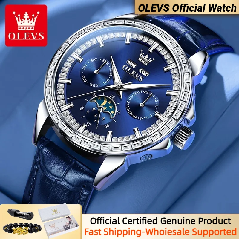 OLEVS 6695 NEW Men\'s Watches Full Diamond Multifunctional Dial Blue Leather Strap Calendar Week Moon Phase Waterproof Wristwatch