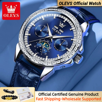 OLEVS 6695 NEW Men's Watches Full Diamond Multifunctional Dial Blue Leather Strap Calendar Week Moon Phase Waterproof Wristwatch