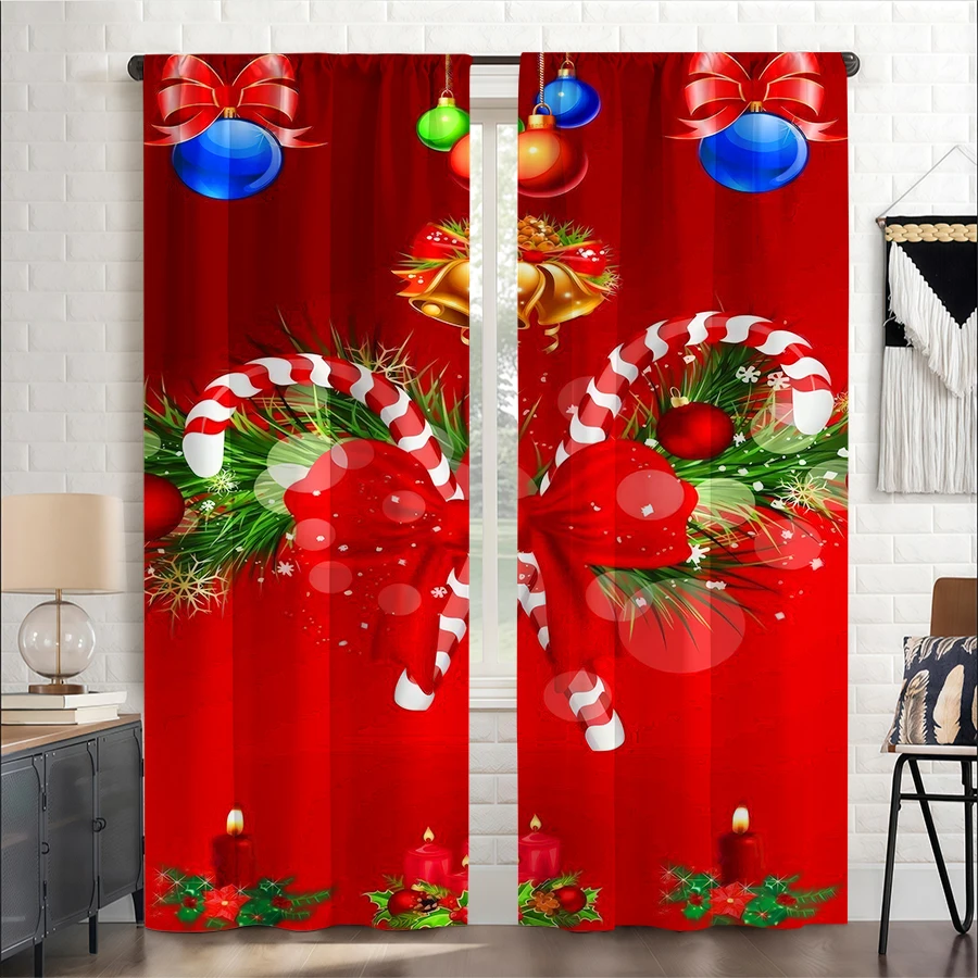 2PCS Christmas Winter Curtains, Candy Cane Bow Bell Ornament, Digital Print, Bedroom Living Room, Home Decor Window Drapes