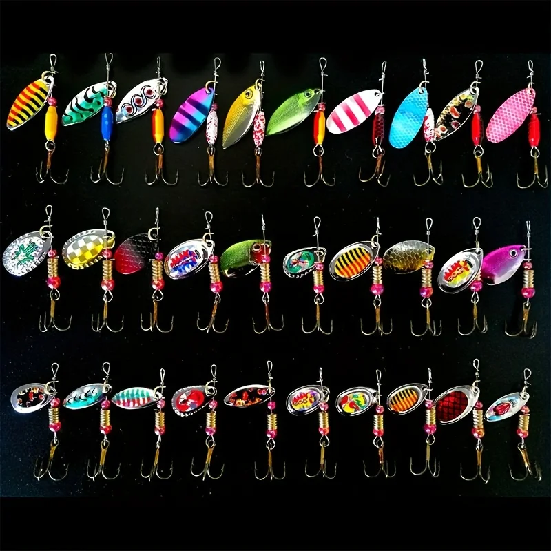 30pcs Spinners Fishing Lure, Mixed Color/Size/Weight Metal Spoon Lures, Rotating Hard Bait Set, Fishing Tackle For Bass Peseras