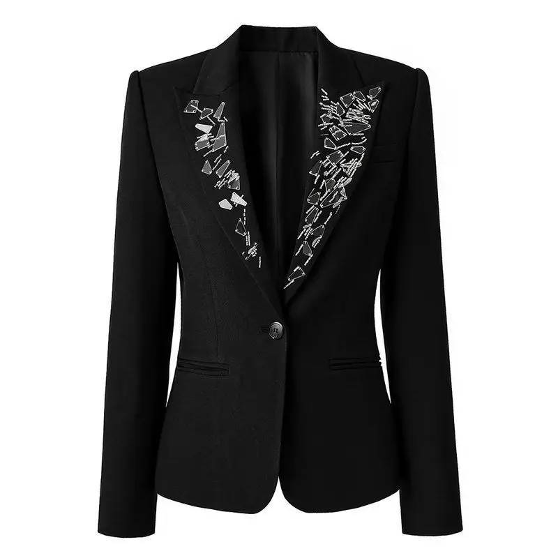 

Elegant Black Beaded Lapel Suit Jacket 2025 Autumn New Style Commute Friendly Slim Fit Versatile Luxury Outerwear