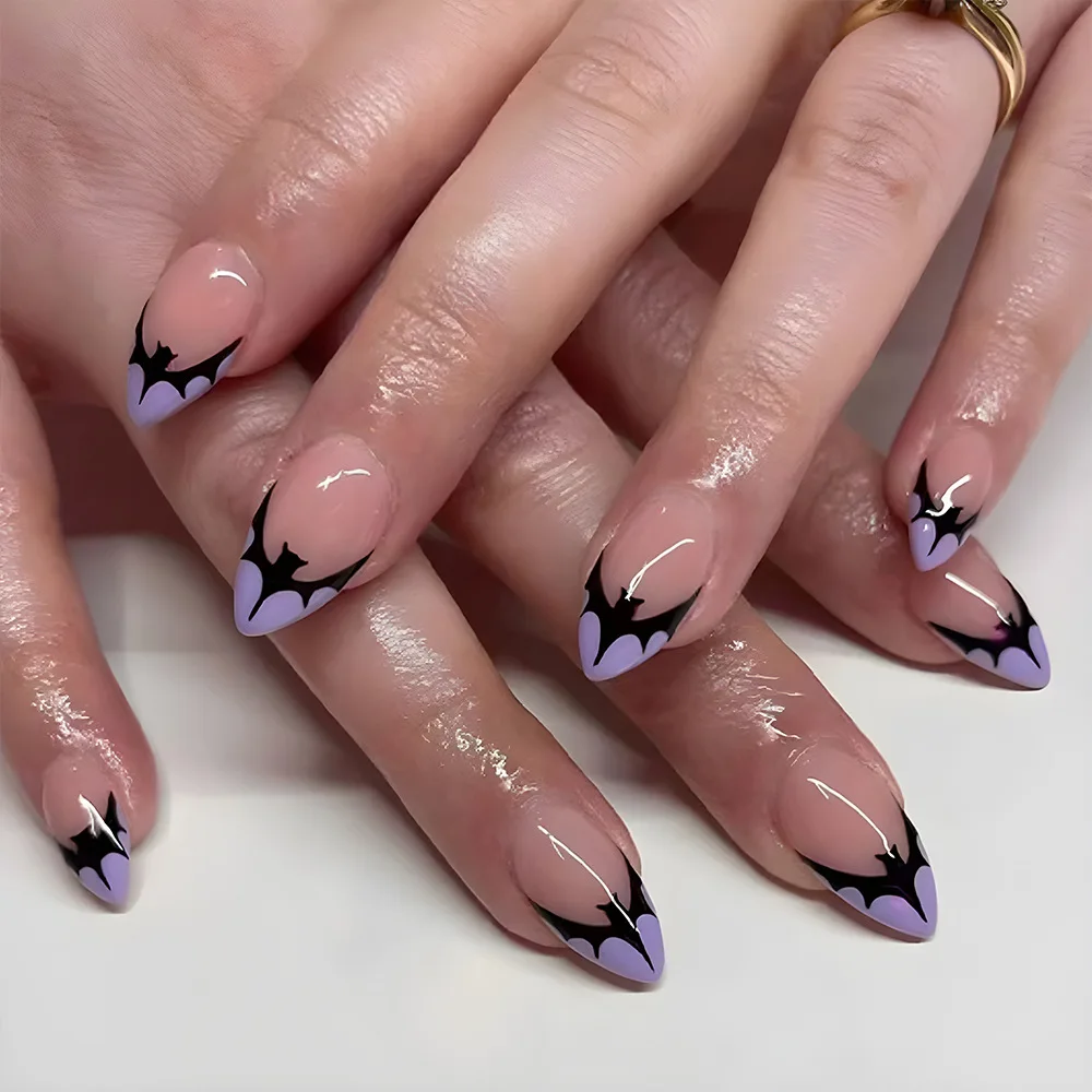 

24Pcs Purple Bat French with Design Fake Nails Mid-length Almond Press on False Nails Halloween Detachable Full Cover Nails Tips
