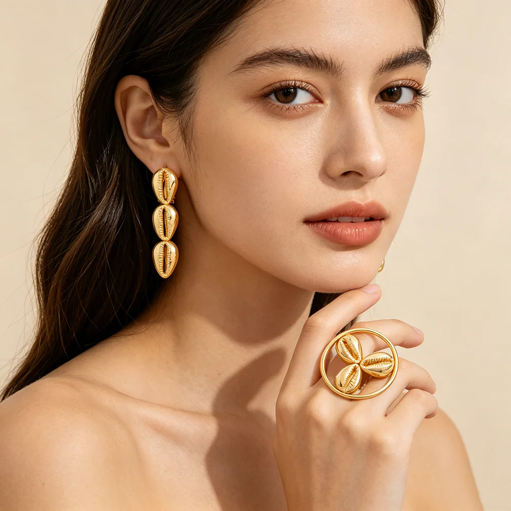Damen 18K vergoldetes Muschel-Ohrring- und Ring-Set, afrikanisches ethnisches Statement-Schmuckset, Geschenk für Party und Hochzeit – Detail 2