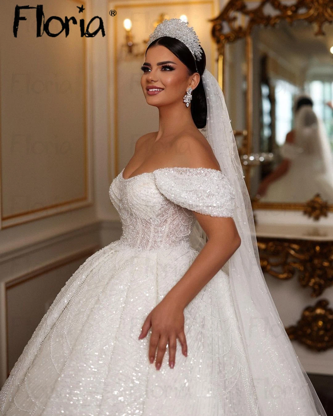 Abito da sposa bianco/avorio con spalle scoperte abito da ballo Dubai abito da sposa arabo completo di perline scintillanti abiti da sposa principessa 2024 donne