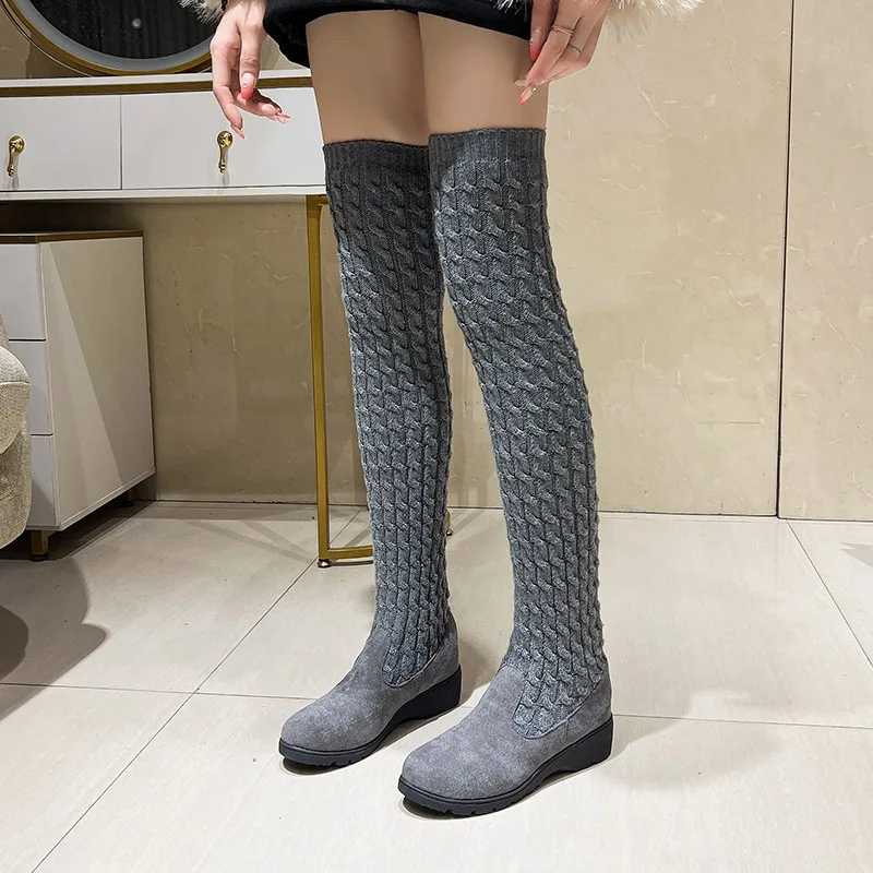 

Knitted Stretch Over The Knee Boots Women Korean Version Versatile Fall/Winter 2025 New Flat Round Toe Socks Boots