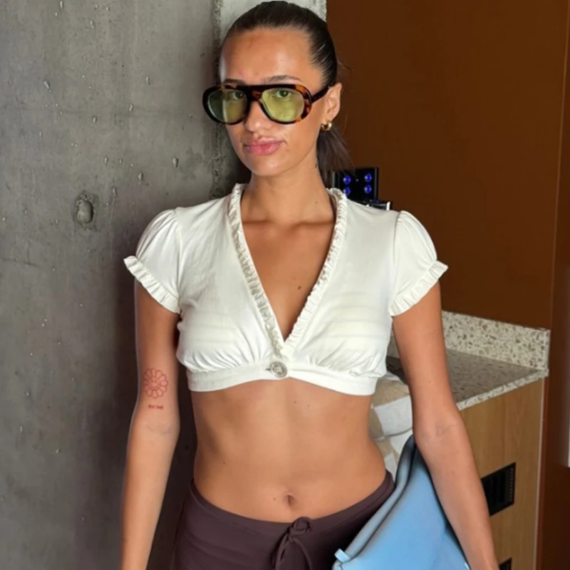 

Trendix Summer V Neck Tops For Women Solide Splice Ruffle Sexy Cropped Tops Vacation Slim Beach Club Party Y2K Tank Top 2026