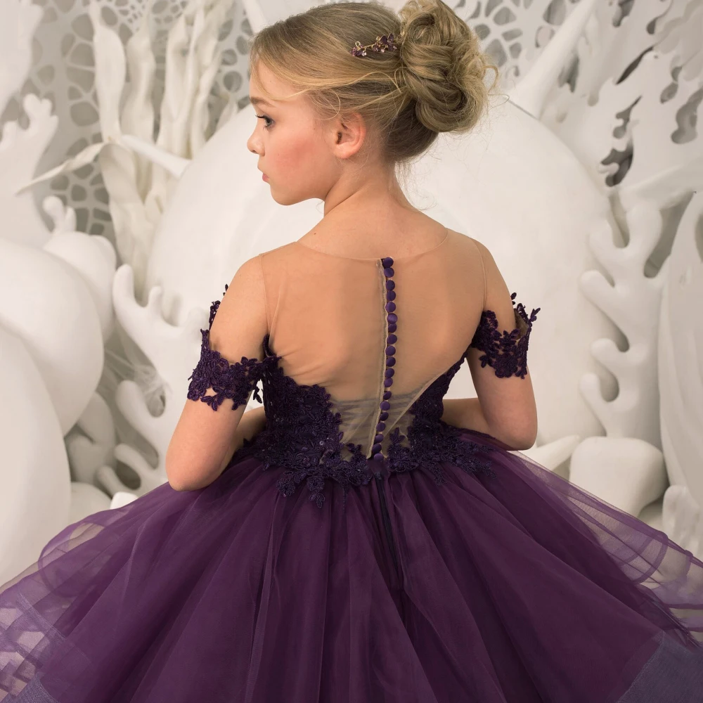 Customized Flower Girl Dresses Grape Purple Floral Appliques Tiered With Trailing For Wedding Birthday Party Banquet Gown image 4