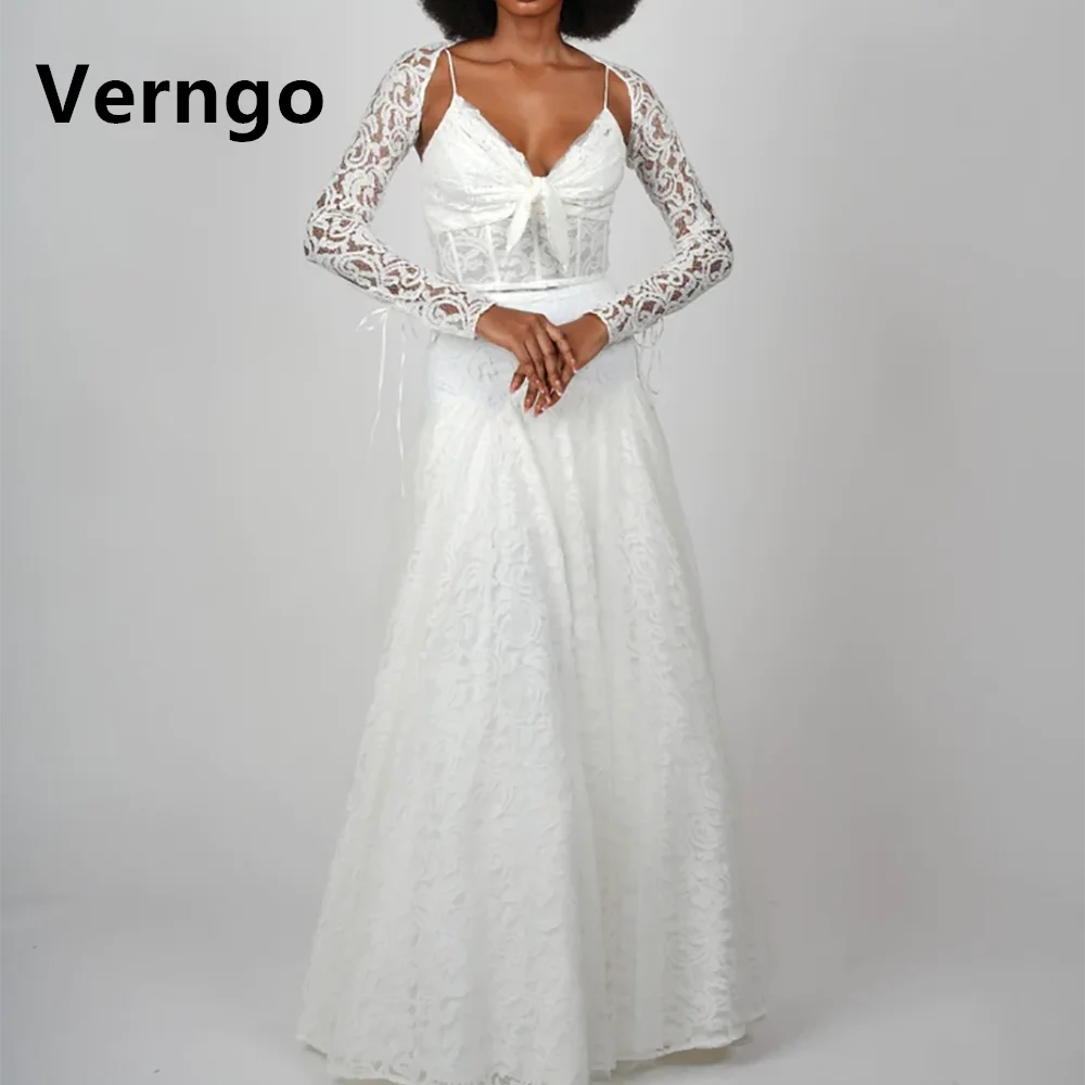 

Verngo White Lace Evening Dress For Women Spaghetti Straps Sweetheart Party Dress With Jacket A Line Formal Occasion Gowns