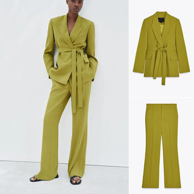 

Свободный крой, длинный костюм-вик с поясом, повседневные широкие брюки, комплект из двух предметов, воротник на пуговицах, летний модный женский ансамбль