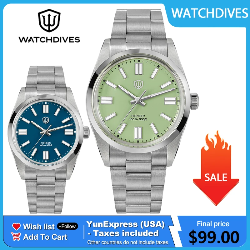 Watchdives WD1016B Men Watch Stainless Steel VH31 Sweep Quartz Movemet Watches Waterproof Luminous Sapphire Pistachio Green