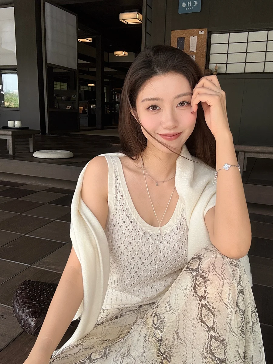 

WizAann Spring Summer Loose White Diamond Hollow Knitted Vest New Slim Strap Women's Commute Sle Regular Fit Knitwear