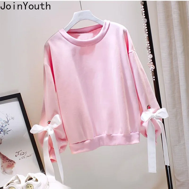 Hoodies Women Preppy Style Sweet Cute Thicked Y2k Tops Korean Clothes for Teens Bandage Bow Loose Casual Fashion Sweatshirt