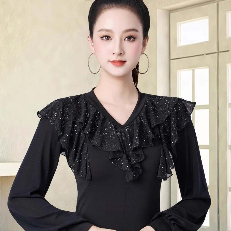 Latin Dance Wear Top Damen Frühling und Sommer Neue Kurzarm Mesh Rüschen Blatt Rand Moderne Samba Square Ballroom Dance Kostüm