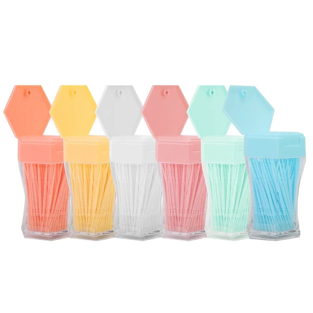 200 Pcs Food-grade Double Head Toothpick Taper Shape Soft Brush Household Cleaning Tartar Removal Hexagonal Bottles Simple Pack