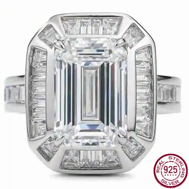 Anillo de compromiso y boda de plata de ley 925 Yaranyan con zafiro de corte esmeralda de 8 * 12 mm y diamantes de alto carbono, joyería fina.