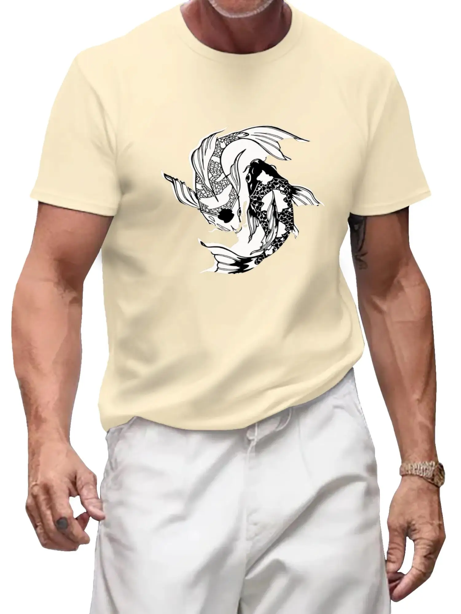 Yin Yang Koi Fish Graphic T-Shirt - Japanese Art Inspired Koi Fish Design Casual Tee