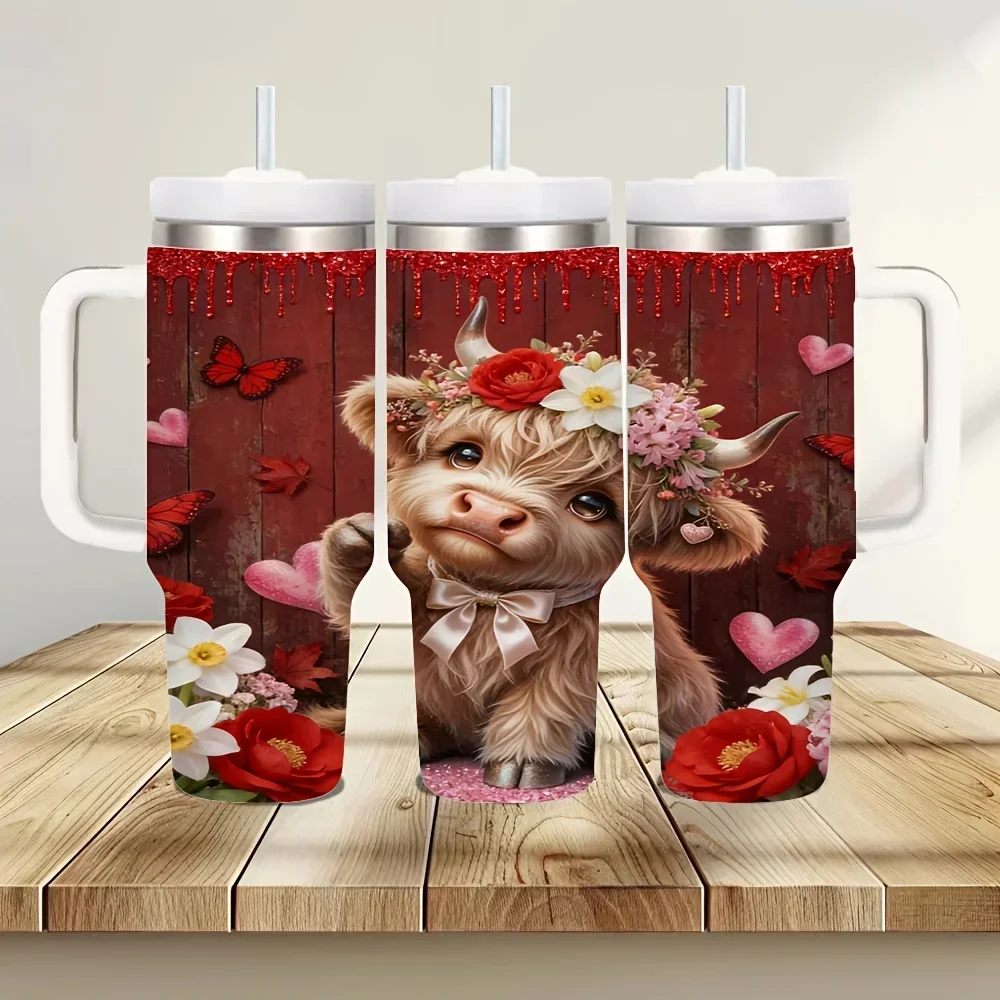 40oz Insulated Tumbler with Handle, Cute Highland Cow Floral Print, Suitable for Daily Use, Keeps Drinks Cold And Hot, Ideal for Travel, Outdoor Activities And Daily Home Use