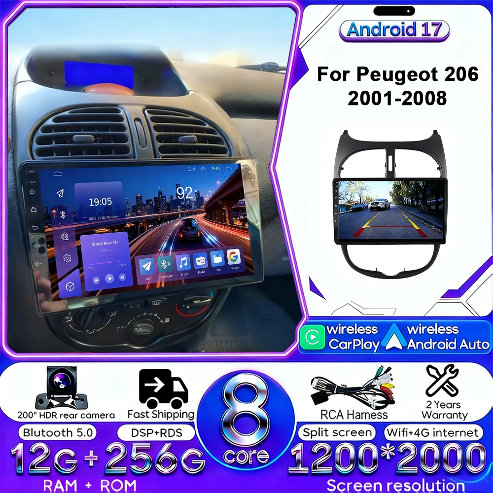 Android 17 Carplay Android Auto 4G WIFI autoradio voor Peugeot 206 2001-2016 GPS DSP BT touchscreen multimediasysteem navigatie stereo - afbeelding 2