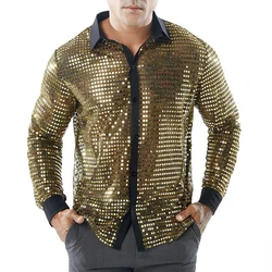 Mens Shiny Party Dance Bling Tops Retro 70s Disco Nightclub Shirt Sparkly Sequins Stage Top Single Breasted Performance Clothes