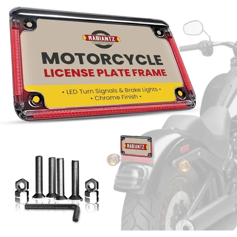 

Radiantz LED Lighting Motorcycle License Plate Frame with Integrated LED Turn Signals & Brake Lights – Chrome Frame with All-Red