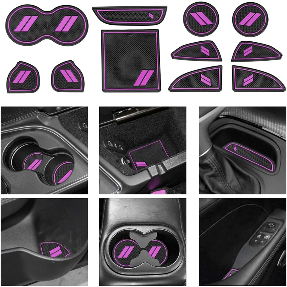 Anti Dust Mats Center Console Cup Holder Insert Door Pocket Pad Interior for Dodge Challenger 2015-2021 (Purple)