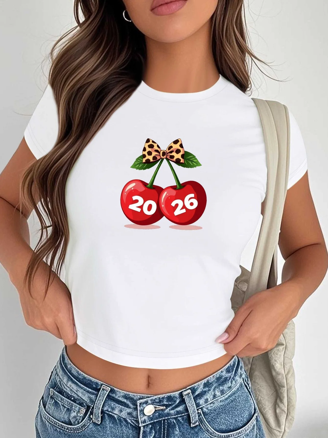 

2026 New Style New Year Theme Crop Sexy Chic Fashionable Versatile Casual Trendy Round Neck Harajuku Sleeve Aesthetic Clothes