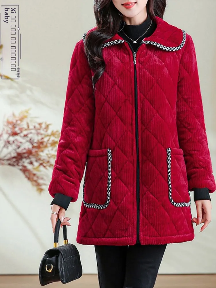 

Thiened Fce Winter Jaet for Mom Zipper Middle Length Cotton Coat Warmth Protection Cotton Clothes Long Sve Casual