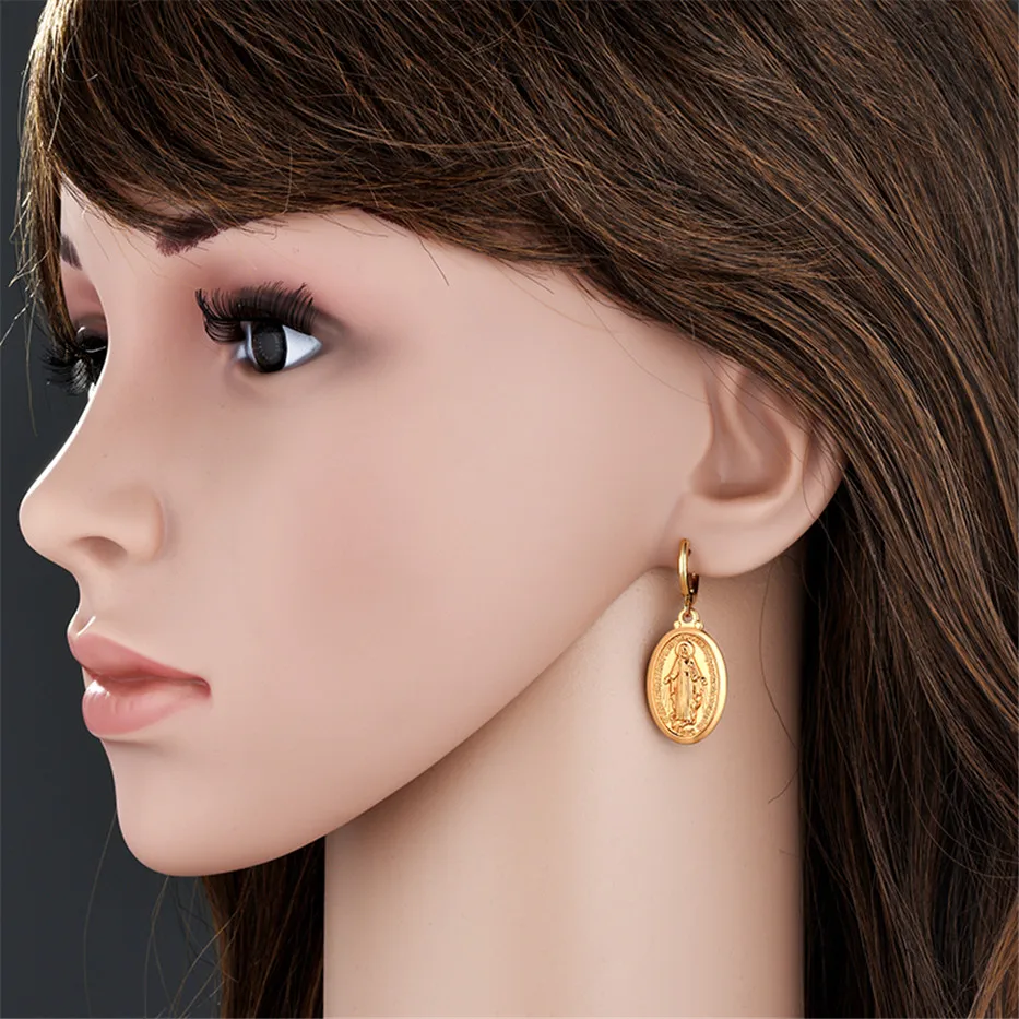 Catholic Gift Gold Color Madonna Medal/Crucifix Cross/Virgin Mary/Rosary Drop Earrings for Women Dropshipping