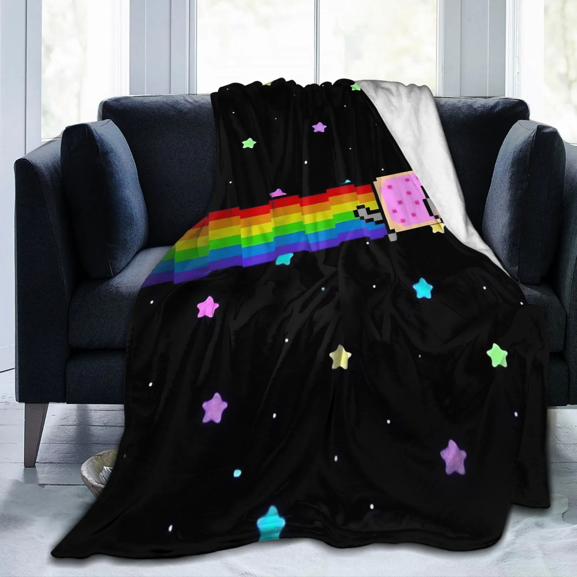 Nyan-Cats Rainbow Funny Game Blankets Fleece Printed Internet Meme Portable Thin Throw Blankets for Travel