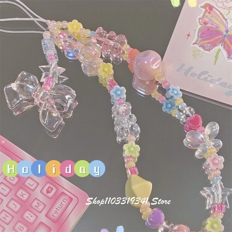 Korean Cute Bowknot Flower Bear Beaded Phone Charm