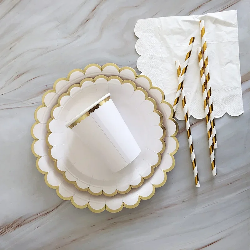 Gold and White Disposable Tableware Set with Paper Plates, Straws, and Cups, Perfect for Birthdays, Weddings, Baby Showers