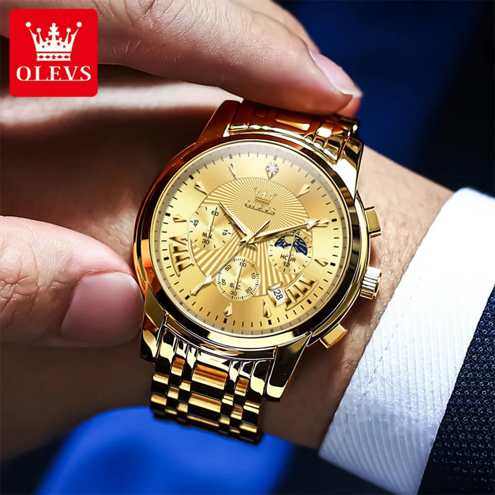OLEVS 2892 Quartz Watch Men's Luxury Brand Multi-functional Moon Phase Date Gold Stainless Steel Waterproof Men's Watch