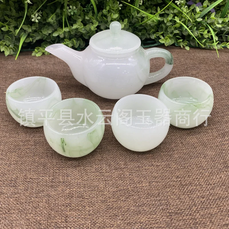 

Imitation Jade Stone Kung Fu Tea Set Emerald Green Jade Tea Set Jade Color Teapot and Four Wine Cups Craft
