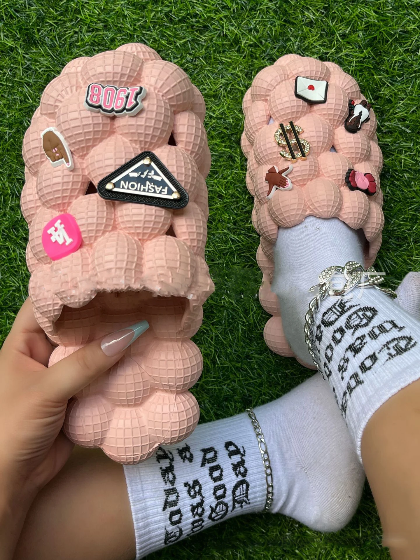 Summer Slides For Women Indoor Slippers Bubble Slides Massage Litchi Sandals With Charms Girl Thick Sole Massage Slippers