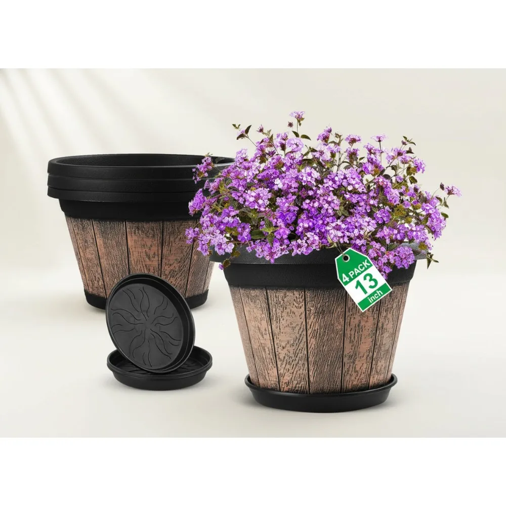 

Большой набор горшков для виски из 4 штук, 13-дюймовые пластиковые цветочные горшки с дренажными отверстиями и блюдцем для внутреннего и наружного сада