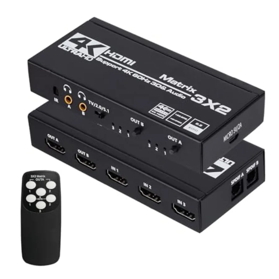 HDMI Matrix 3x2 4K HDMI Matrix Switch 3 in 2 Out Switcher Splitter Box with EDID Extractor and IR Remote Control Support Ultra