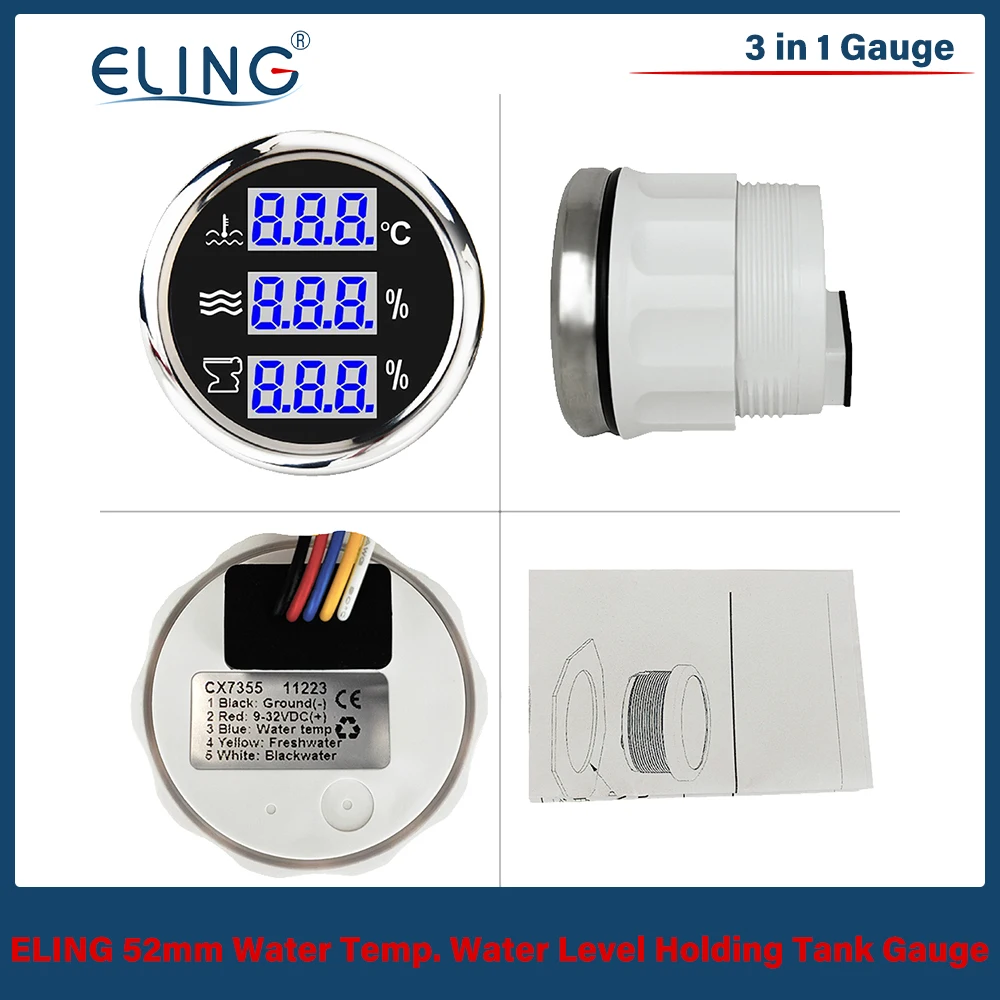

ELING Boat RV Car Универсальный 52 мм 3 в 1 Многофункциональный датчик температуры воды. Удерживающий резервуар для уровня воды с синей подсветкой 12 В 24 В