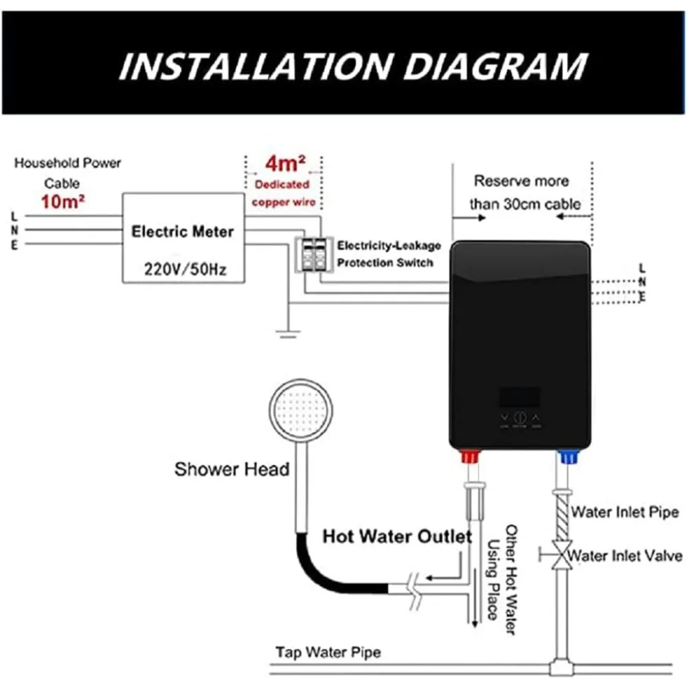 Tankless Electric Hot Water Heater Instant Water Heater On Demand Bath Shower with LED Screen Display for Bathroom RV 6500W 220V