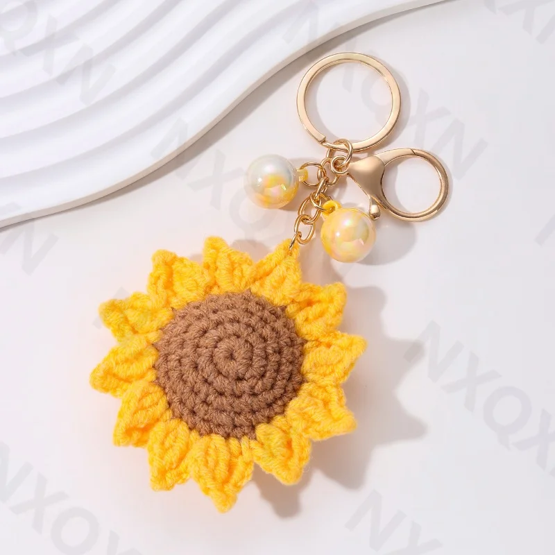 Cute Hand Knitted Sunflower Beads Keychain Smile Flower Key Ring For Women Men Friendship Gift Handmade Bag Decoration Jewelry