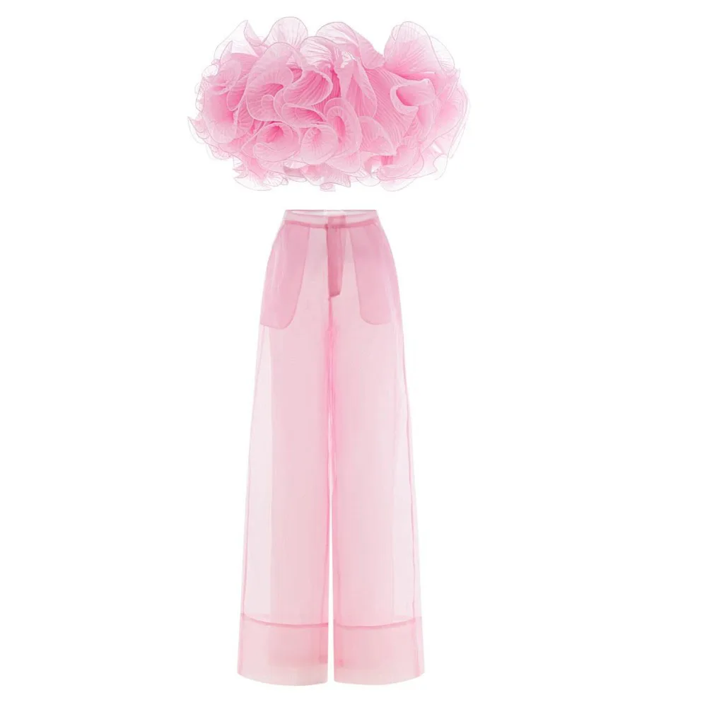 

Baby Pink Two Pieces Women Sets Outfit Clothing Ruffles Top Slim Girls Birthday Party Dress Sexy Organza Holiday Gowns