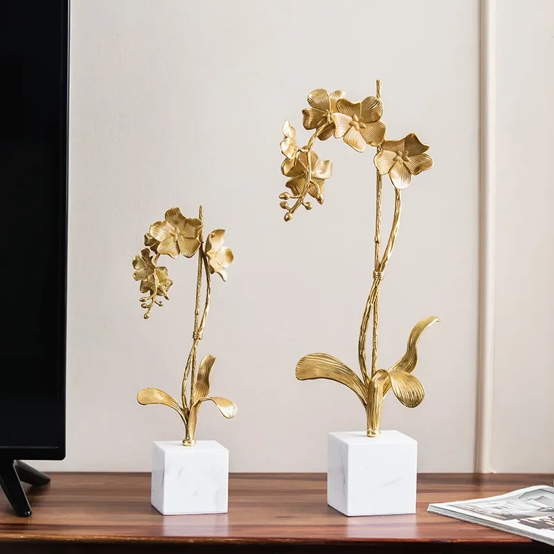 Modern Brass Orchid Sculpture Marble Base Luxury Home Decor for Living Room TV Cabinet Wine Shelf Elegant Metal Flower