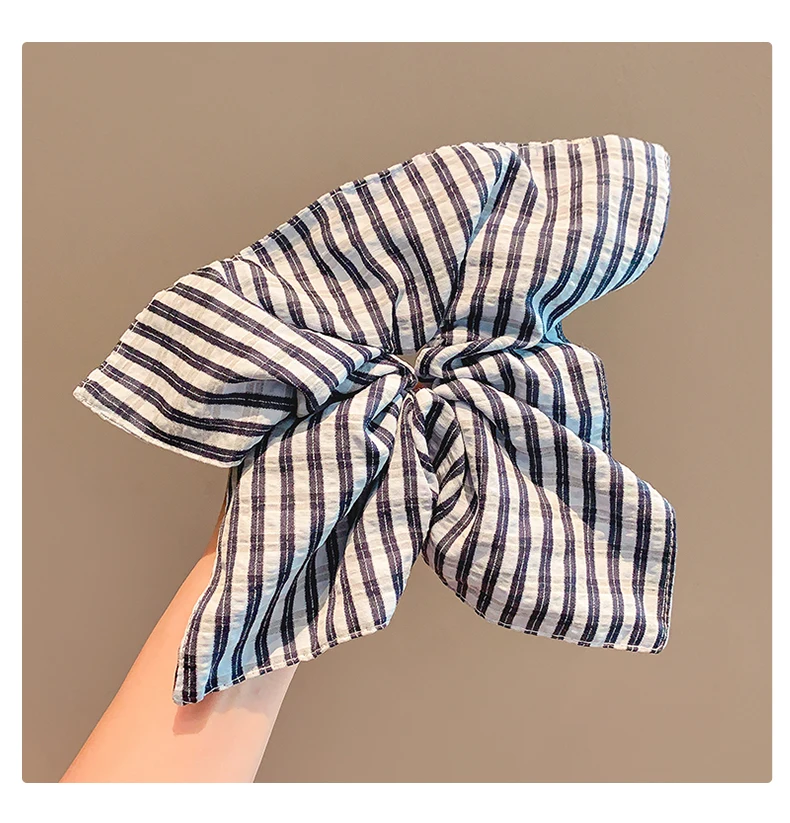 Modisches, blau gestreiftes Haarband für Damen, großes Haarband mit Spitzenbesatz, elastisches Haarband, Haaraccessoires im Preppy-Stil. – Detail 5