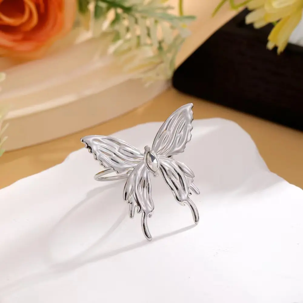 New European and American style luxurious stainless steel butterfly shaped adjustable ring jewelry