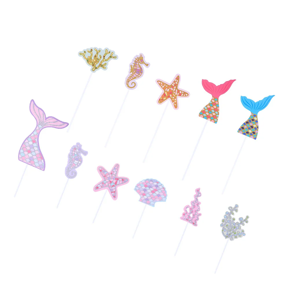 11PCS Cake Topper Funny Dessert Decor Insert Cards Ocean Cake Cutout Mermaid Tail Stars Dessert Table Birthday Cake Decorating P