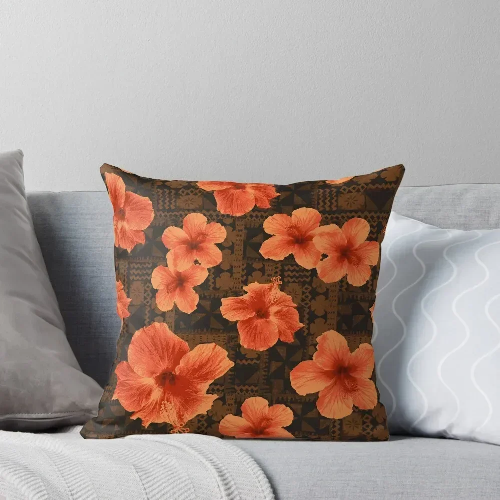 

Kalalau Tapa Hawaiian Hibiscus Vintage Aloha Print - Orange & Brown Throw Pillow Christmas Pillows pillow pillowcase pillow