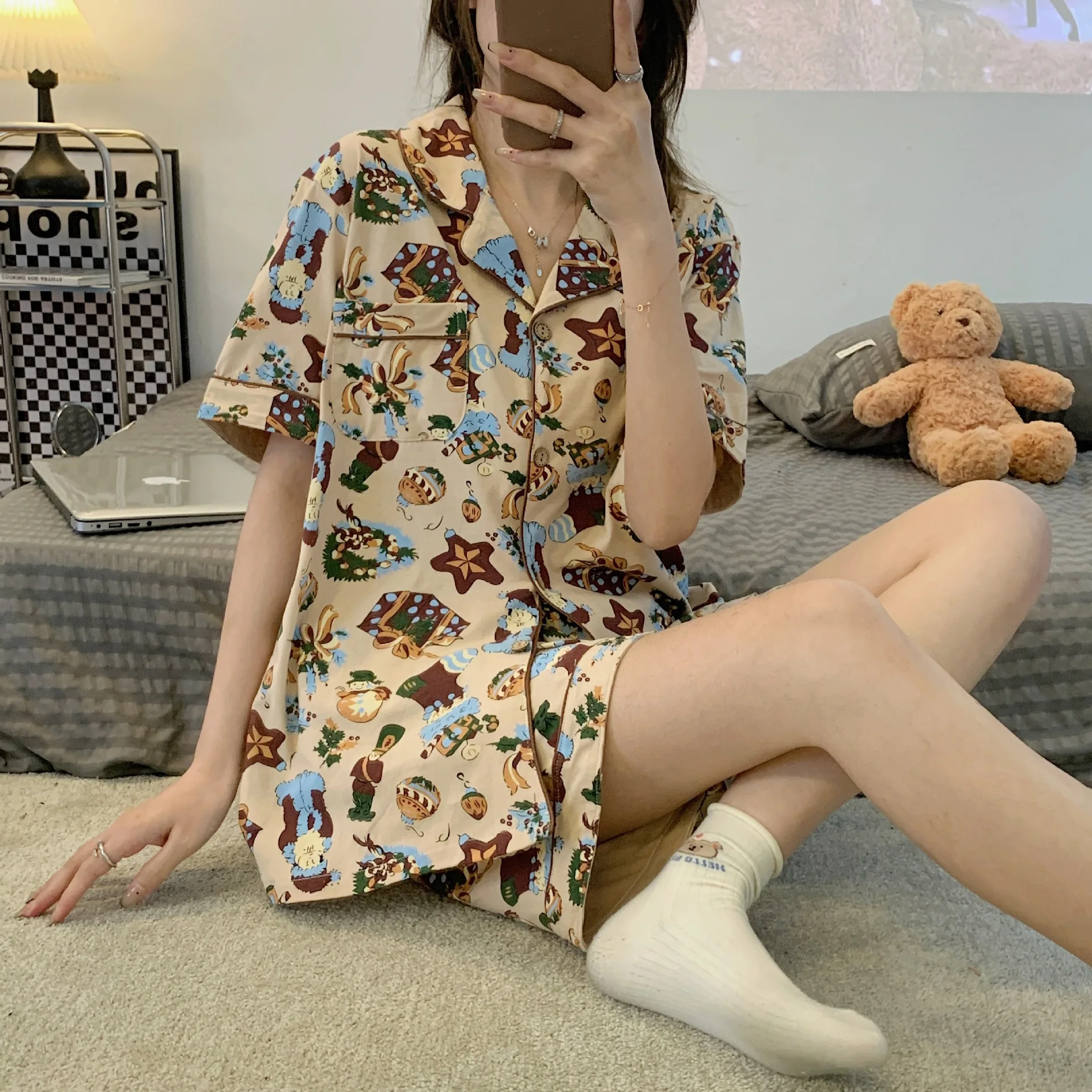 Pajamas women's summer linen cotton short-sleeved shorts two-piece thin section style sexy cotton home service suit for sleepwea