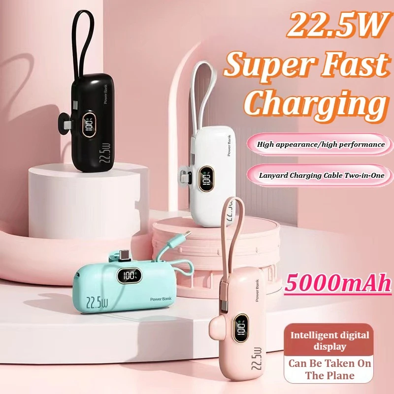 New Capsule Mini Portable 5000mAh Power Bank 22.5W Super Fast Charging Plug Play External Battery Charger for iPhone for Samsung