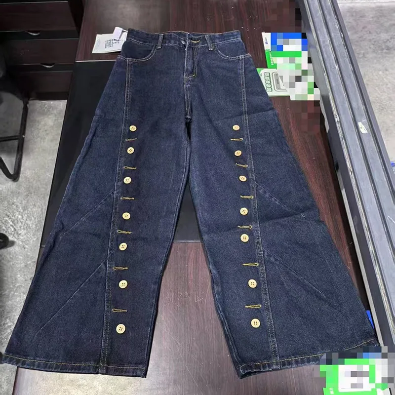 MWJLPWQ Celana Jeans Denim Asli Model Lubang Kancing Longgar Gaya Machete Celana Panjang Kasual Pria High Street Model Kaki Lebar Musim Gugur 2025 Fashion11967