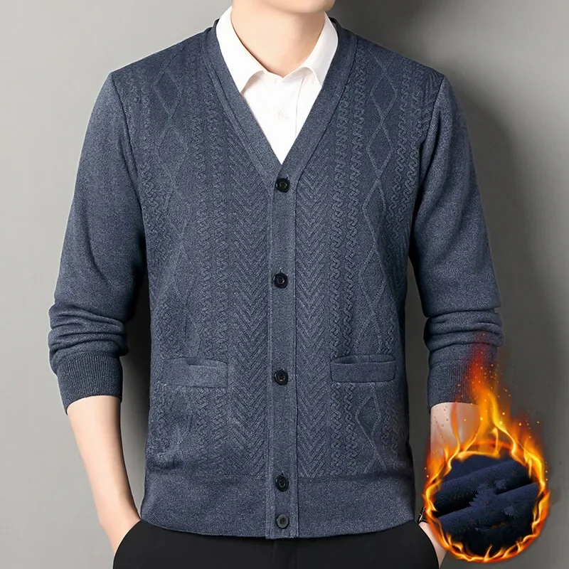 Autumn Winter Men's Fleece Casual V-Neck Sweatercoat Knit Cardigan Solid Color Geometric Knitted Sweater Jacket Loose Warm Tops